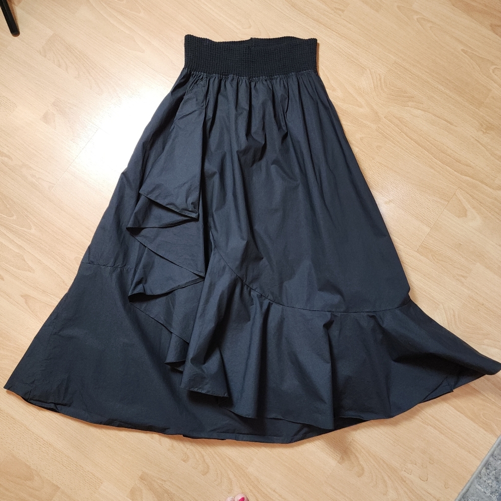 Zele Black Ruffle Drape Maxi Skirt Pull On Stretch Cotton Poplin Pockets Medium